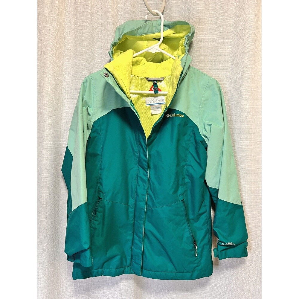 COLUMBIA Jacket Coat Omni-Tech Womens L Green Yellow Zip Snowboarding Ski Hiker